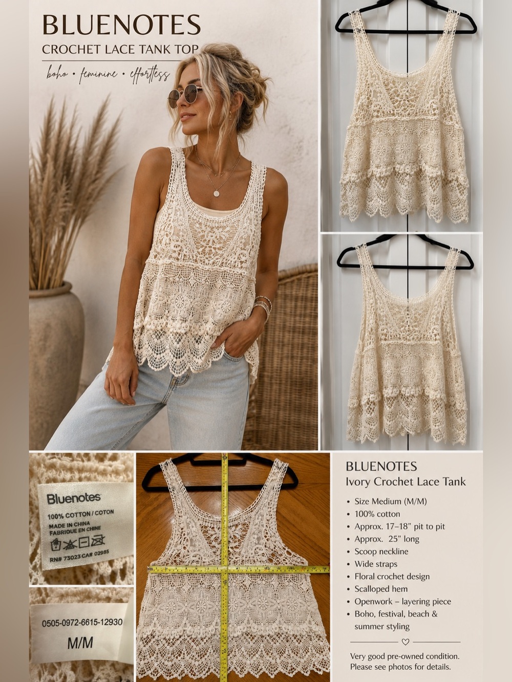 Bluenotes M Ivory Crochet Lace Tank Top Boho Festival 100% Cotton